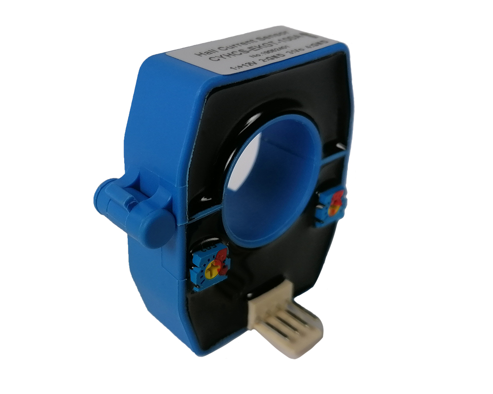 Aufklappbarer Hall Effekt AC/DC Stromsensor CYHCS-EKGT, Ausgangssignal: 2,5 DC ±2 V AC/DC, Versorgungsspannung: +12 V DC, Fenster: Ø 20,5 mm